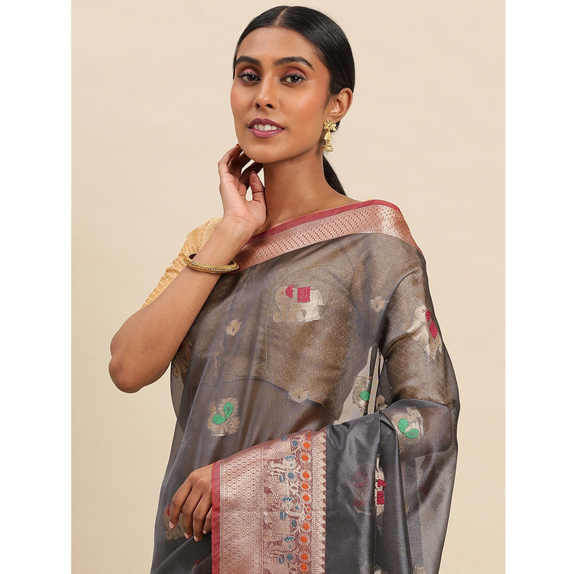 Grey Woven Organza Saree