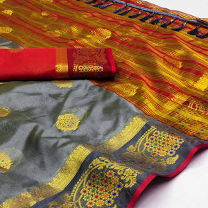 g-grey-floral-woven-organza-saree-with-tassels