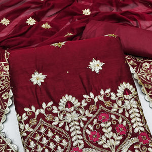 Maroon Floral Embroidered Modal Dress Material