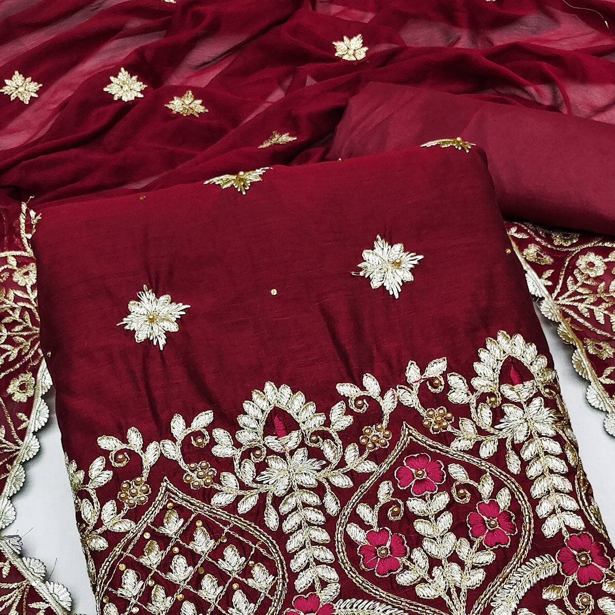 Maroon Floral Embroidered Modal Dress Material