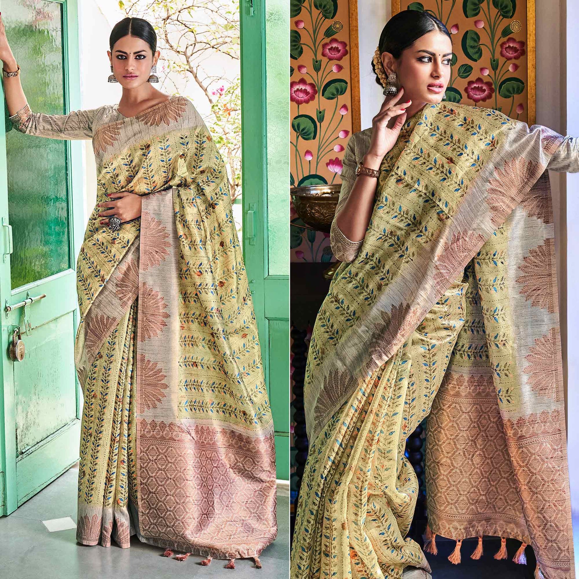 a-green-digital-printed-raw-silk-saree-with-tassels