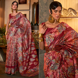 Maroon Floral Woven Art Silk Saree