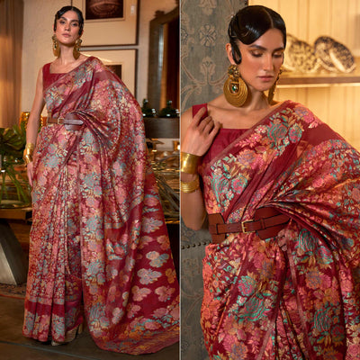 Maroon Floral Woven Art Silk Saree