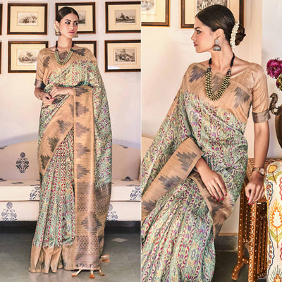 green-digital-printed-raw-silk-saree-with-tassels