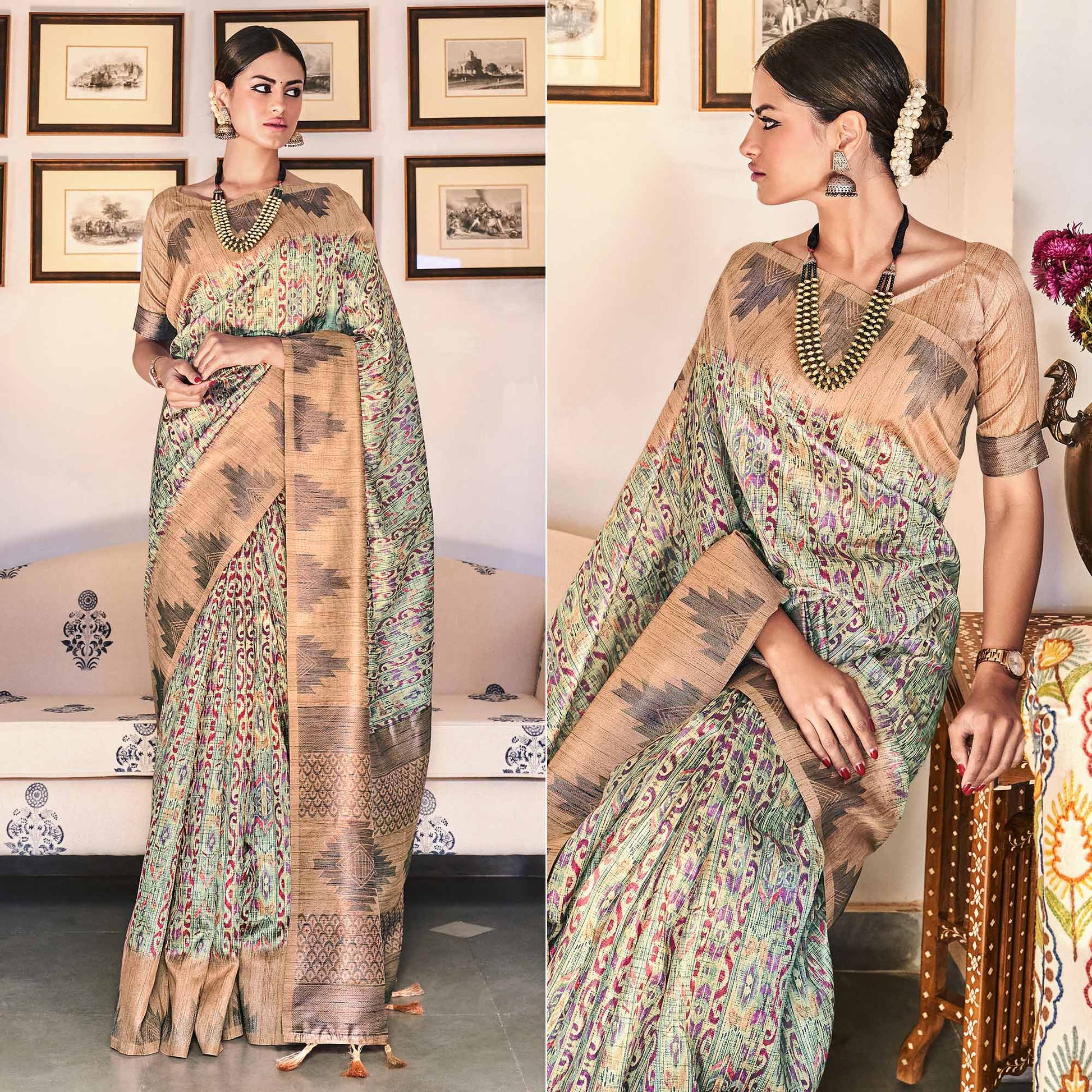 green-digital-printed-raw-silk-saree-with-tassels