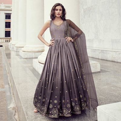 Light Violet Sequins Embroidered Chiffon Gown