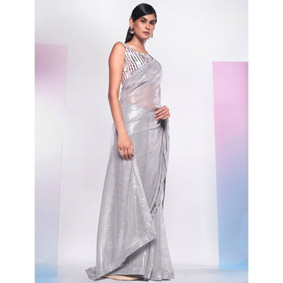 Grey Sequins Embroidered Georgette Saree