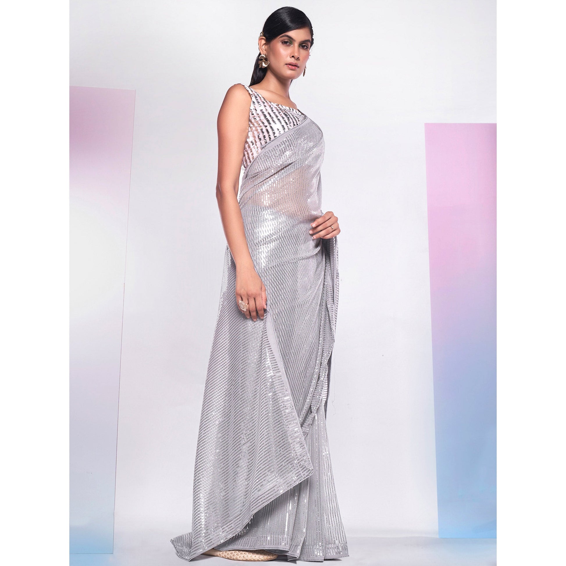 Grey Sequins Embroidered Georgette Saree