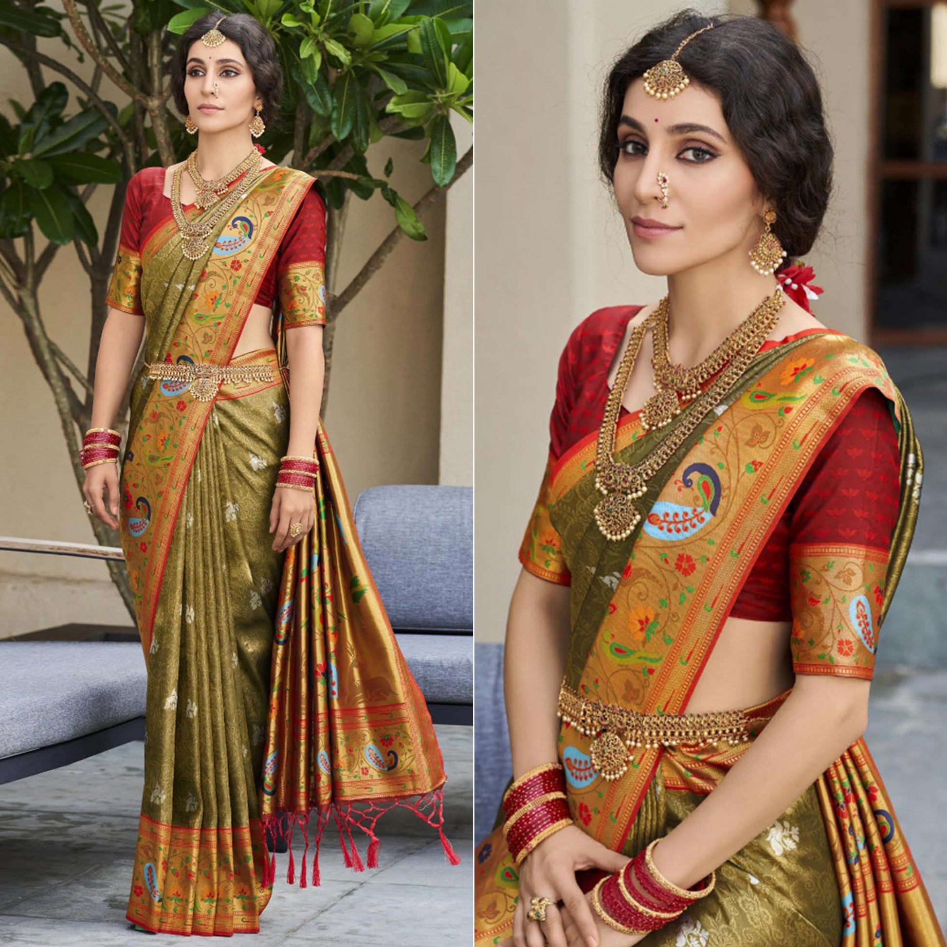 Mehendi Green Woven Kanjivaram Silk Paithani Saree With Tassels