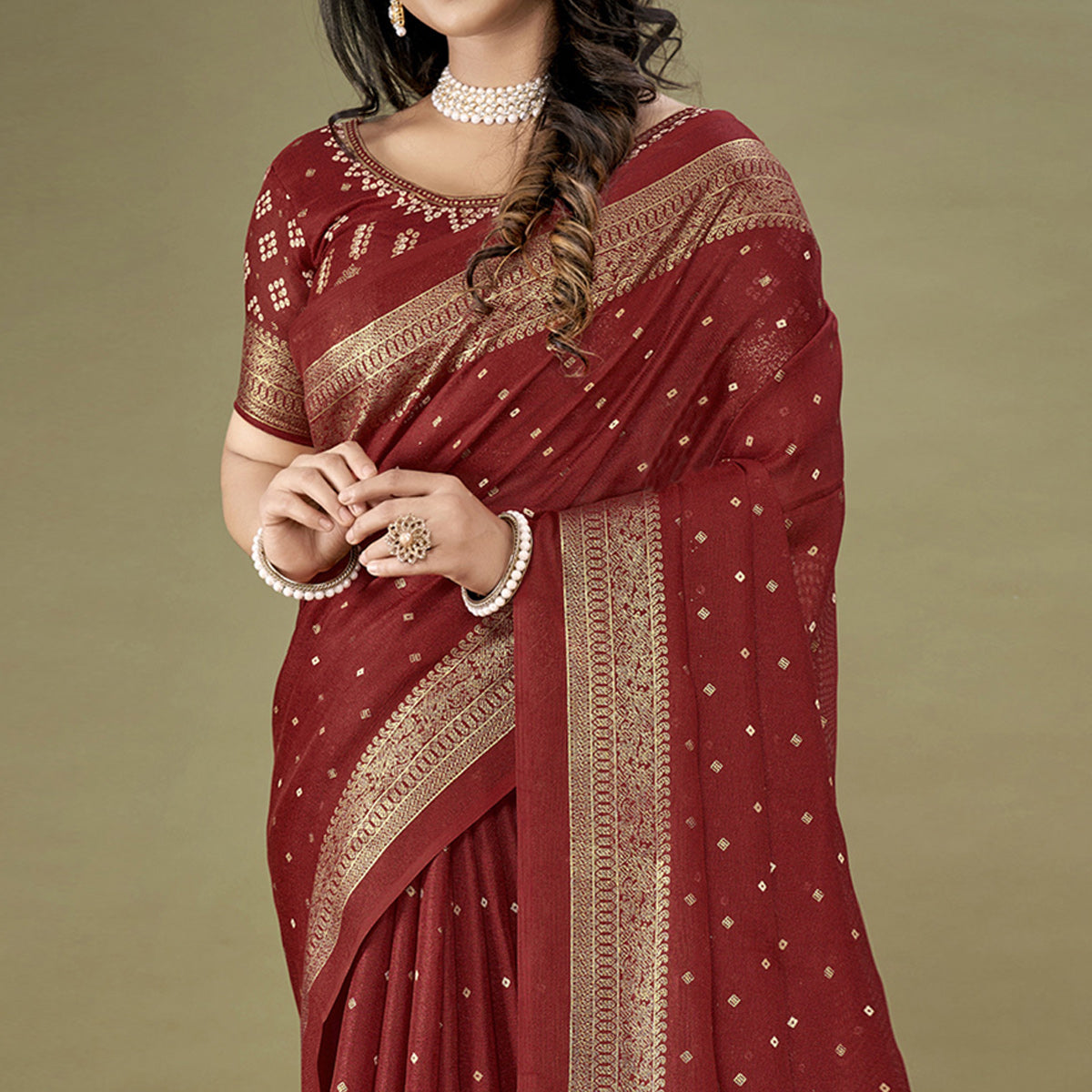 Maroon Bandhani Printed With Zari Border Jute Saree