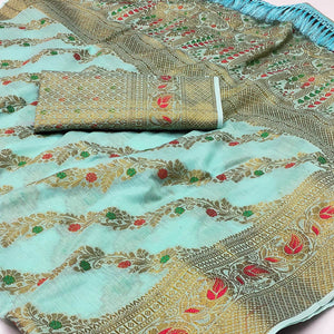 Blue Woven Cotton Blend Saree With Tassels