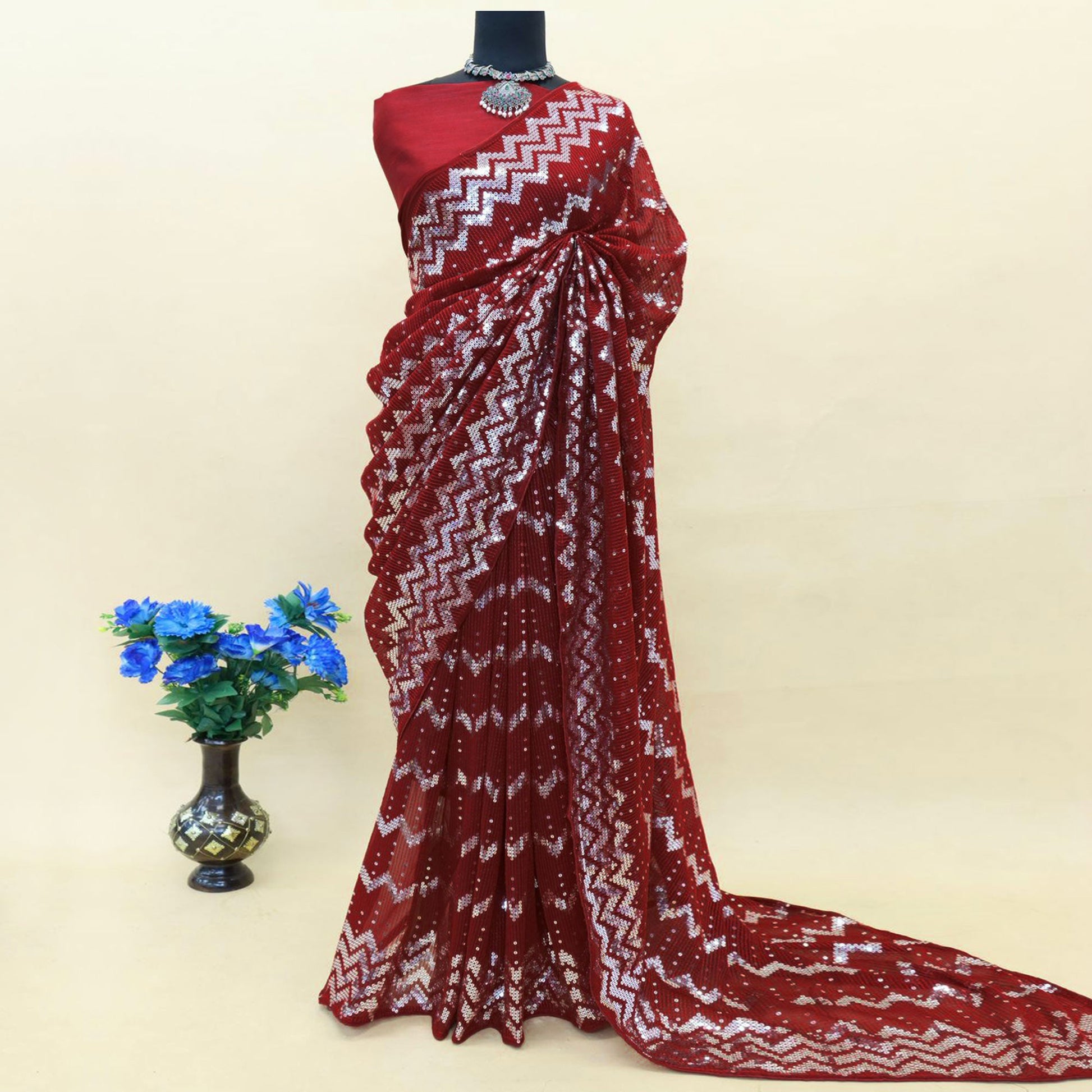 Cherry Red Sequins Embroidered Georgette Saree