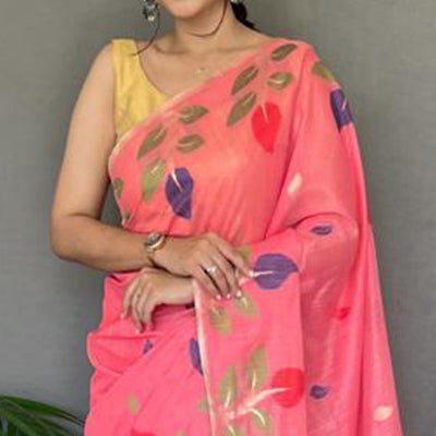 Gajari Pink Floral Woven Cotton Saree