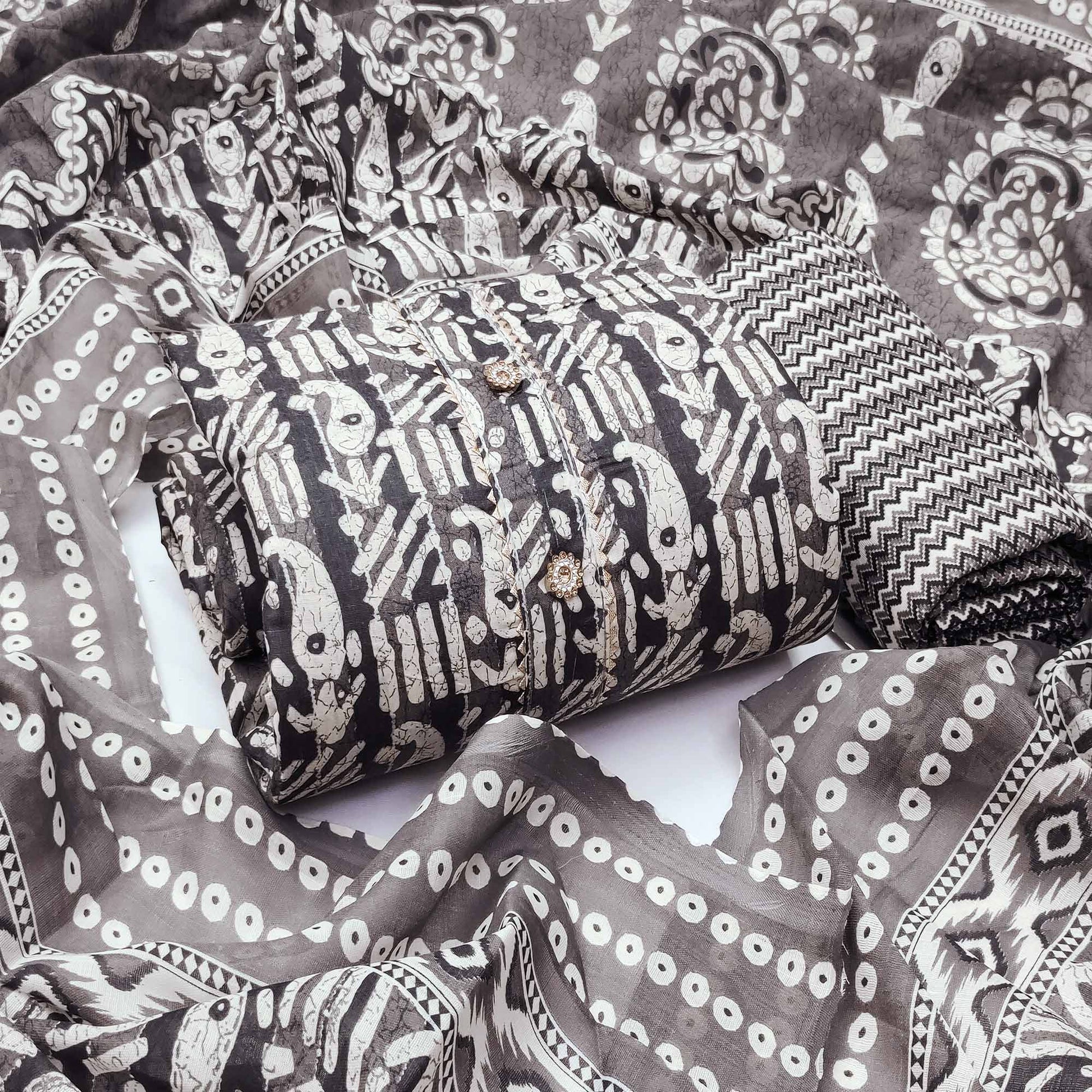 Grey Printed Cotton Blend Dress Material