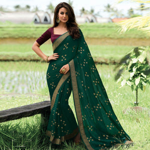 Bottle Green Foil Printed Chiffon Saree