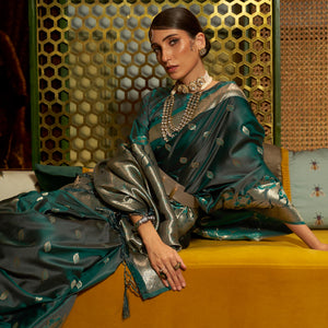 green-woven-satin-saree-with-tassels