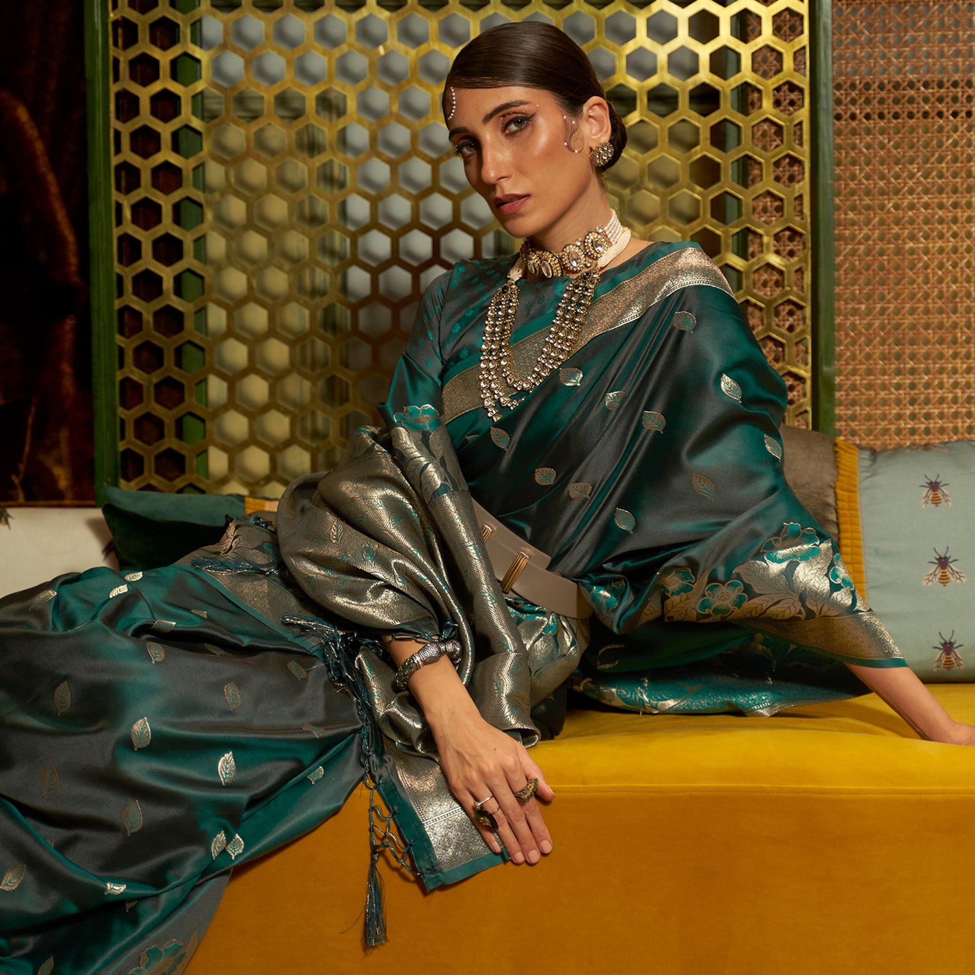 green-woven-satin-saree-with-tassels