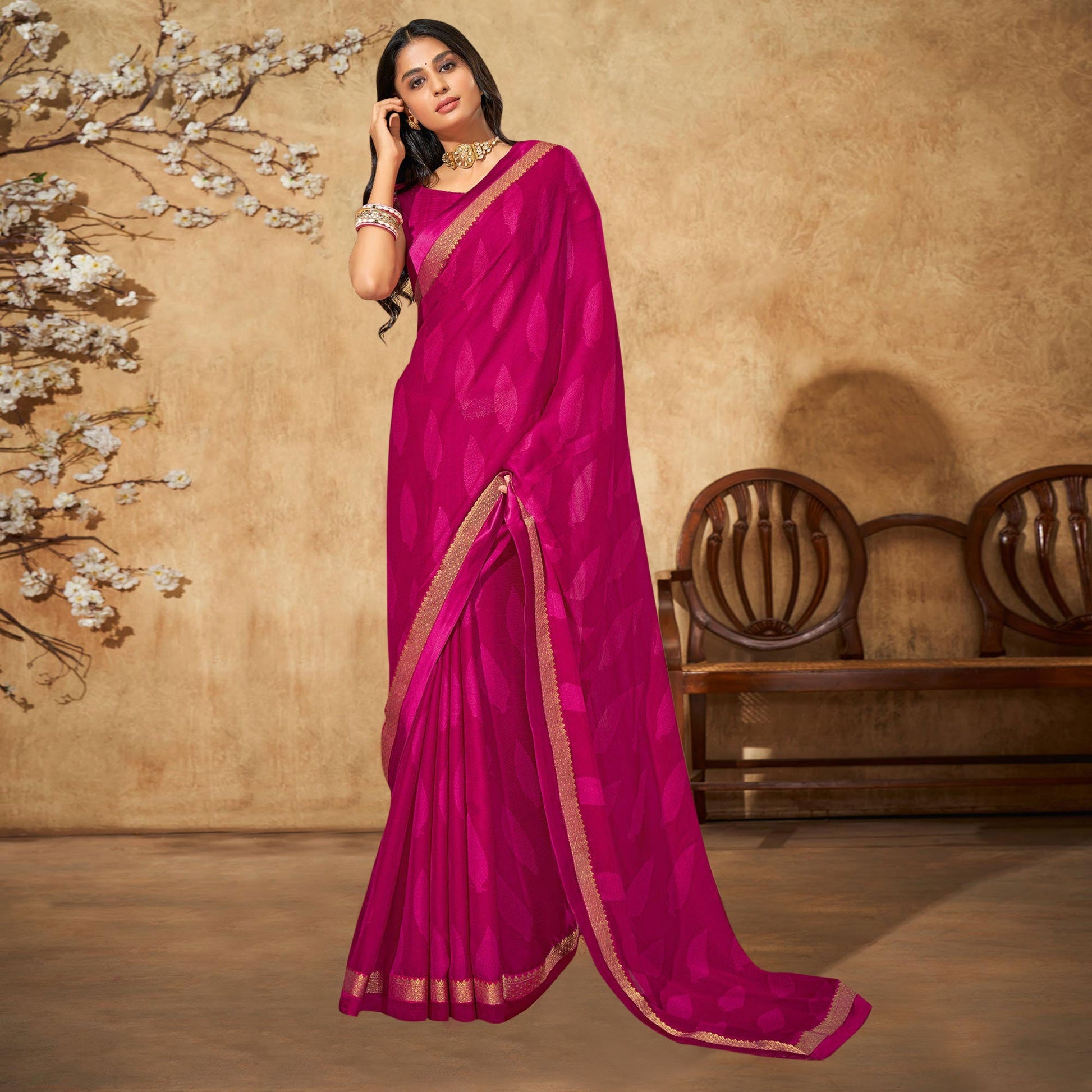 Magenta Pink Printed Chiffon Saree With Brocade Lace
