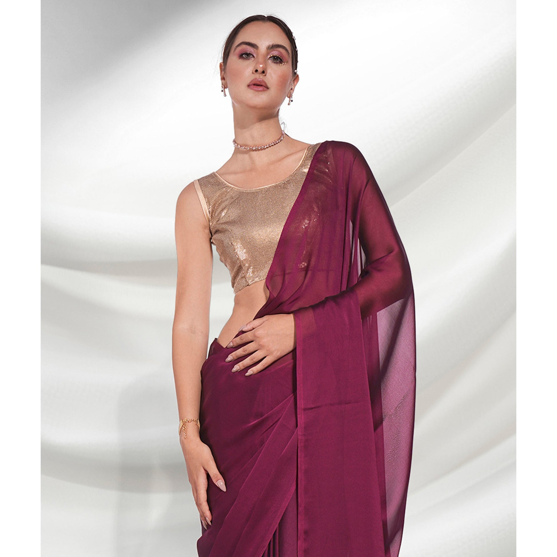 Dark Magenta Purple Solid Georgette Saree