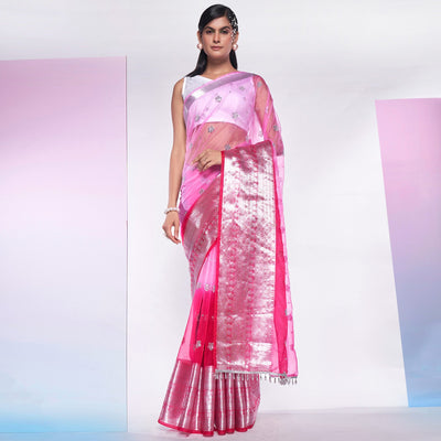 Light Pink Sequins Embroidered Organza Saree