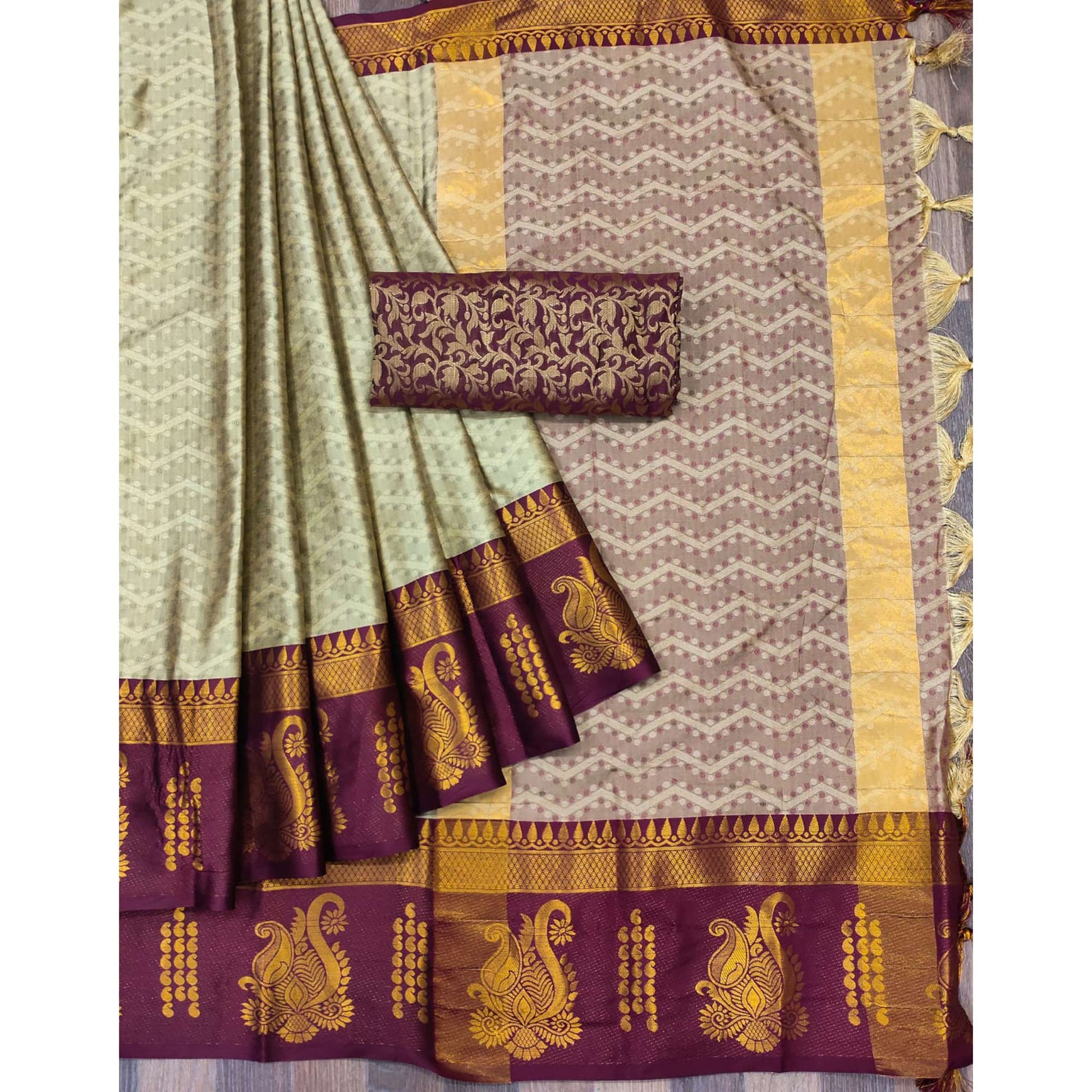 Chikoo Woven Cotton Silk Saree With Tassels