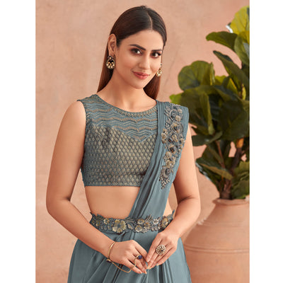 Grey Sequins Embroidered Ready to Wear Art Silk Saree