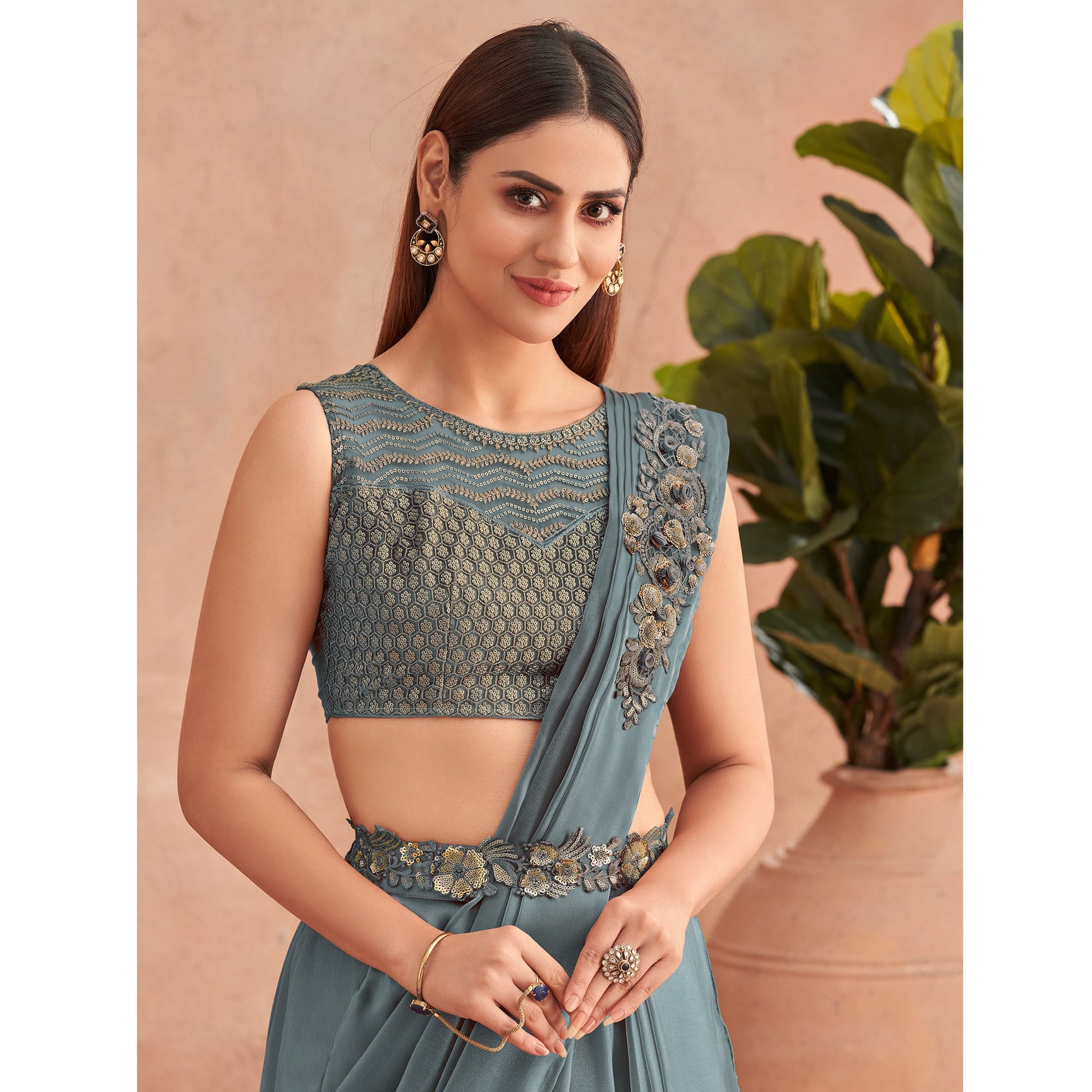 Grey Sequins Embroidered Ready to Wear Art Silk Saree