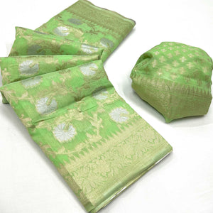 green-floral-woven-linen-saree