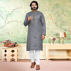 Grey Woven Jacquard Kurta Pyjama Set