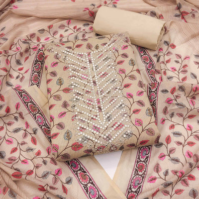 Chikoo Floral Printed-Mirror Work Pure Cotton Dress Material