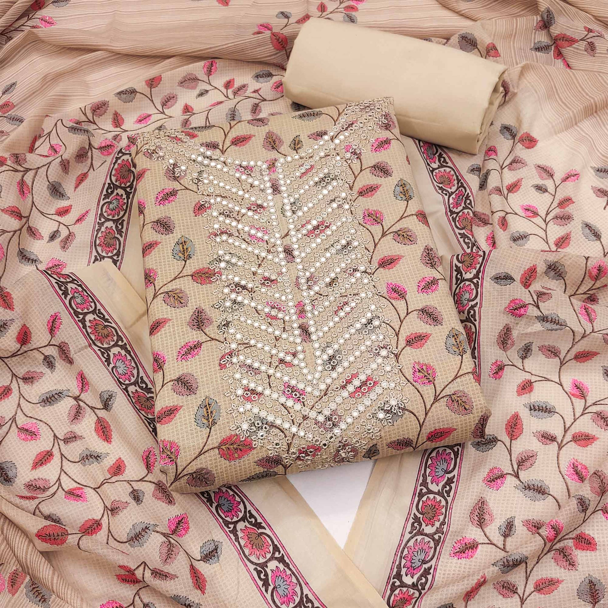 Chikoo Floral Printed-Mirror Work Pure Cotton Dress Material