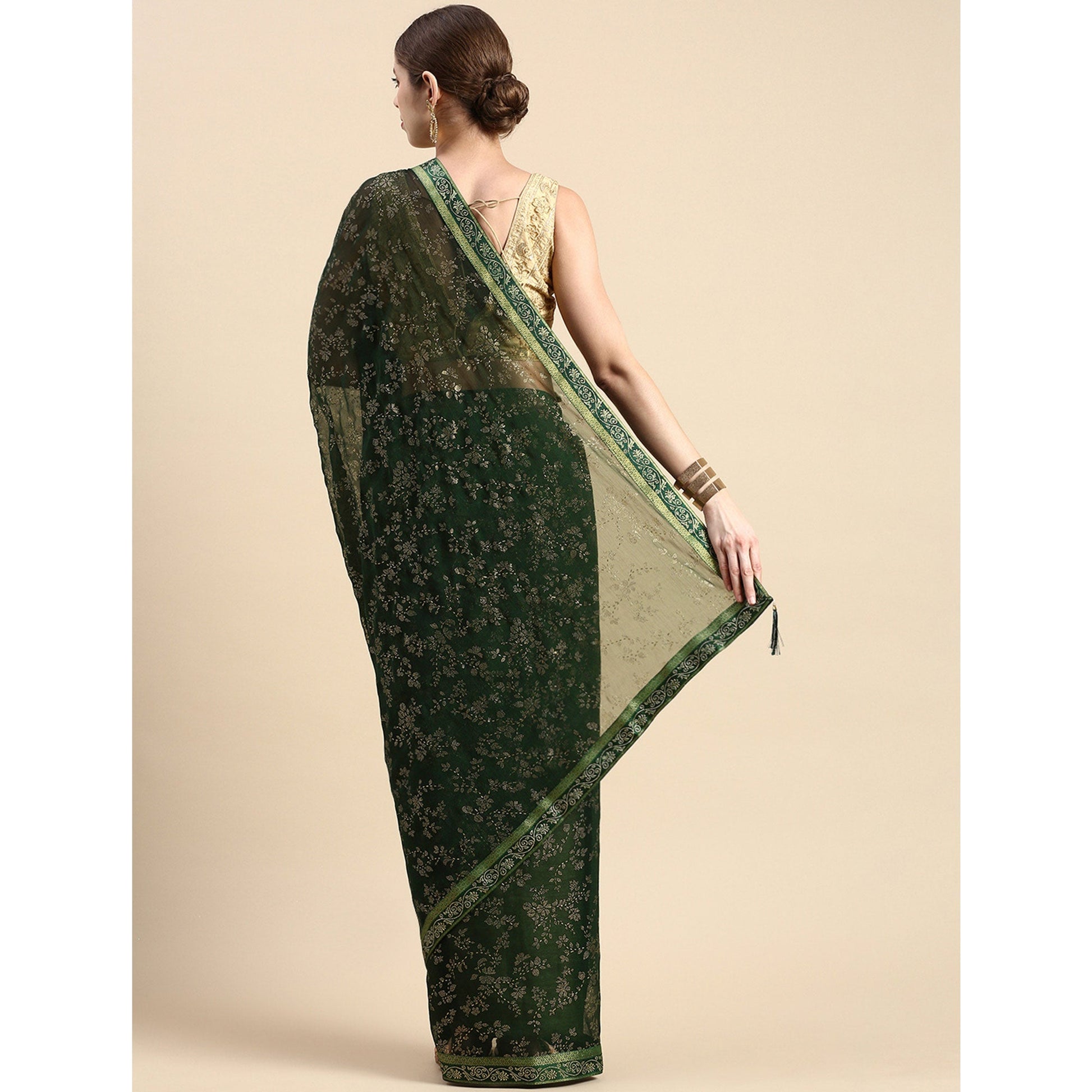 green-floral-foil-printed-shimmer-saree