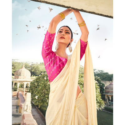 Cream Printed Georgette Saree With Tassels