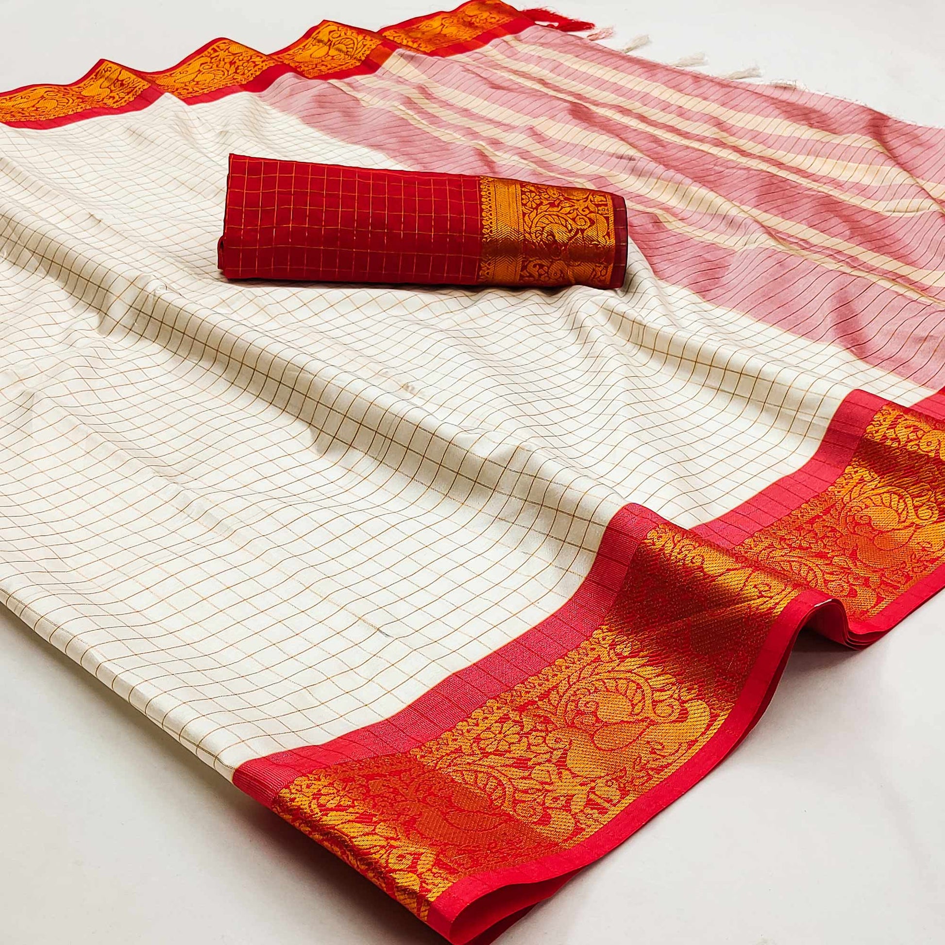 Cream And Red Woven Cotton Silk Saree With Tassels