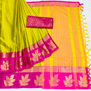 Lemon Yellow Woven Cotton Silk Saree With Tassels