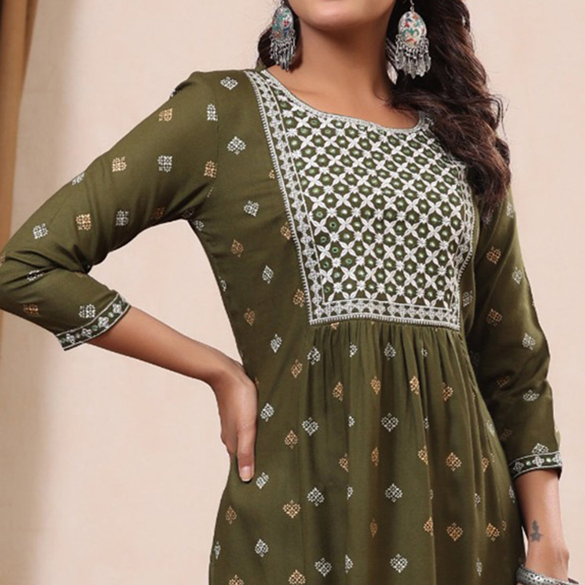 Mehendi Green Floral Printed With Embroidered Rayon Kurti
