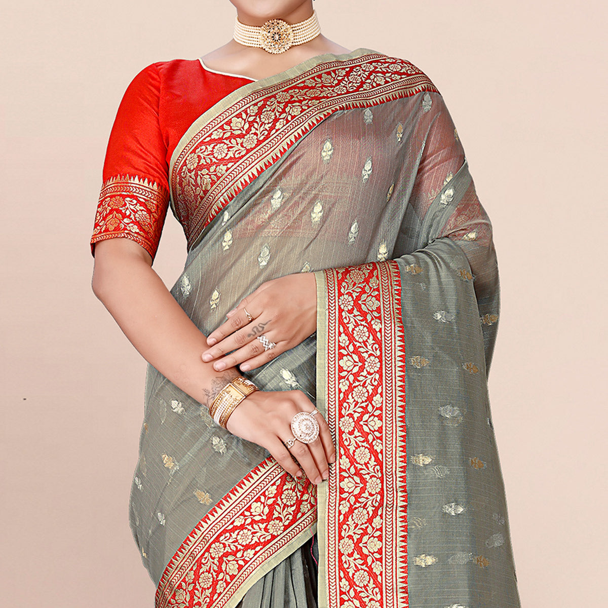 Grey Woven Organza Saree With Tassels