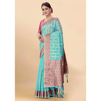 Blue Woven Organza Saree With Tassels