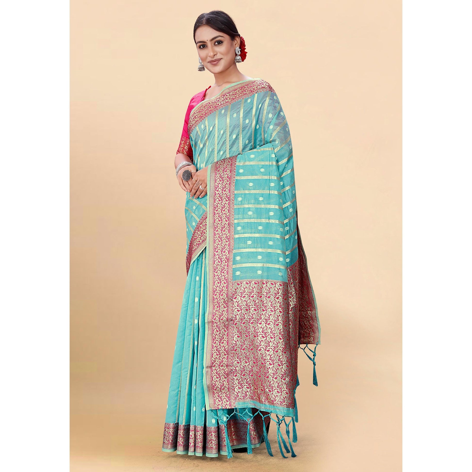 Blue Woven Organza Saree With Tassels