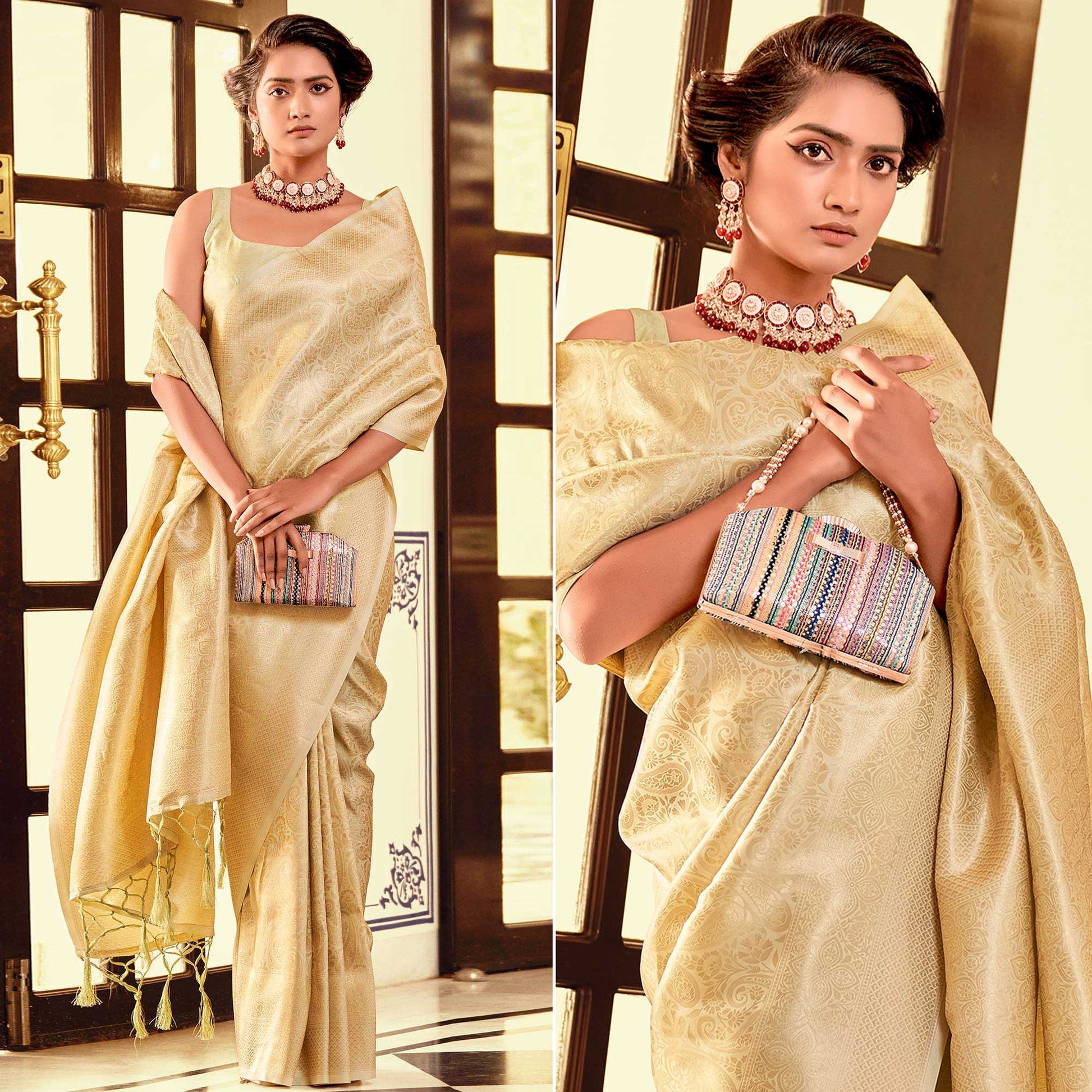 Light Yellow Woven Kanjivaran Silk Saree
