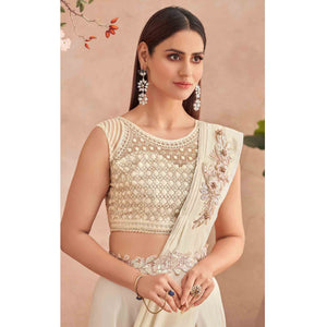 Cream Sequins Embroidered Ready to Wear Poly Satin Saree