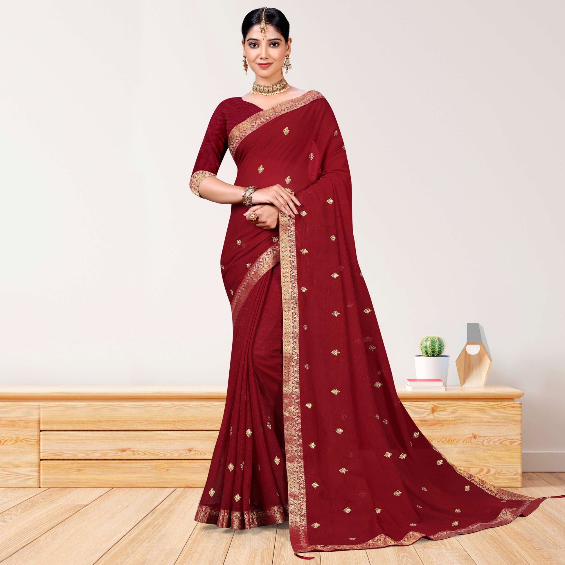Maroon Embroidered Chiffon Saree