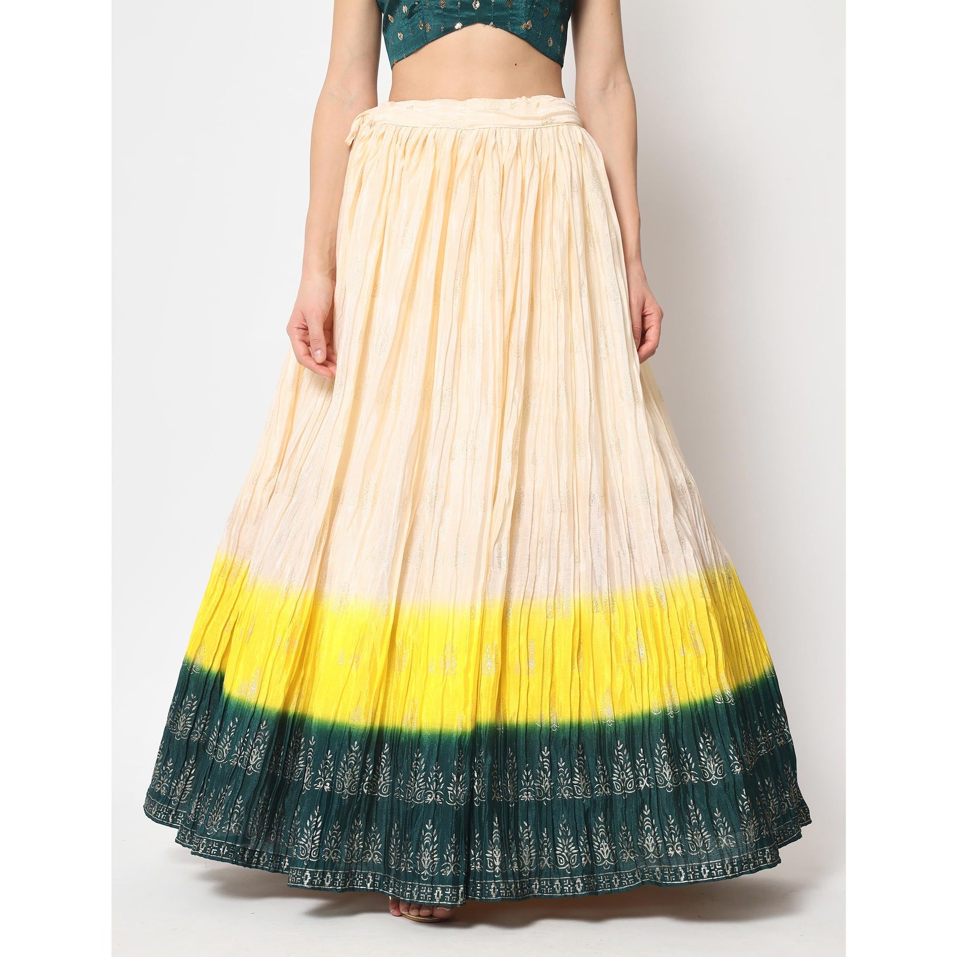 Cream Foil Printed Chiffon Lehenga Choli