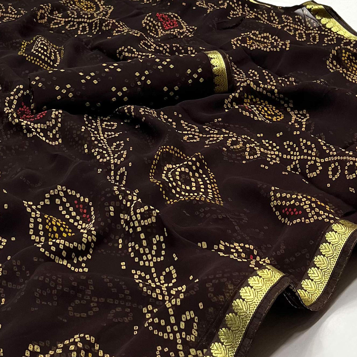 Coffee Bandhani Printed Georgette Saree With Designer Border