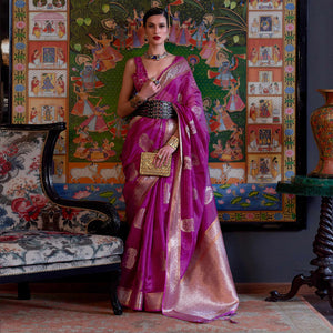 Magenta Purple Woven Organza Saree With Tassels