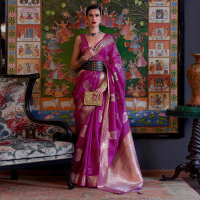 Magenta Purple Woven Organza Saree With Tassels