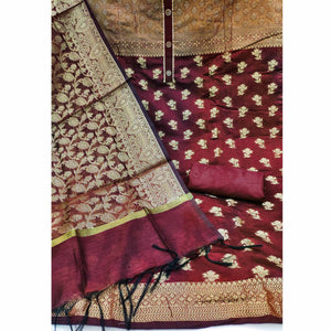 Maroon Floral Woven Banarasi Silk Dress Material