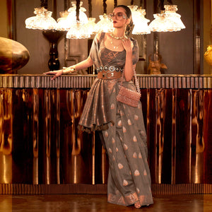 Brown Woven Linen Saree With Tassels