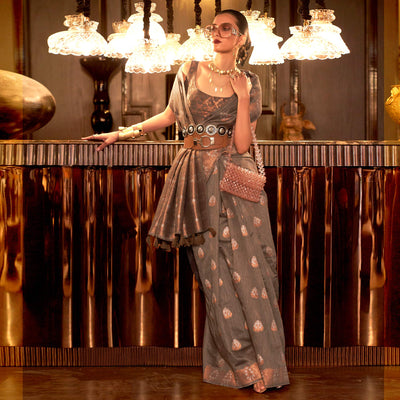 Brown Woven Linen Saree With Tassels