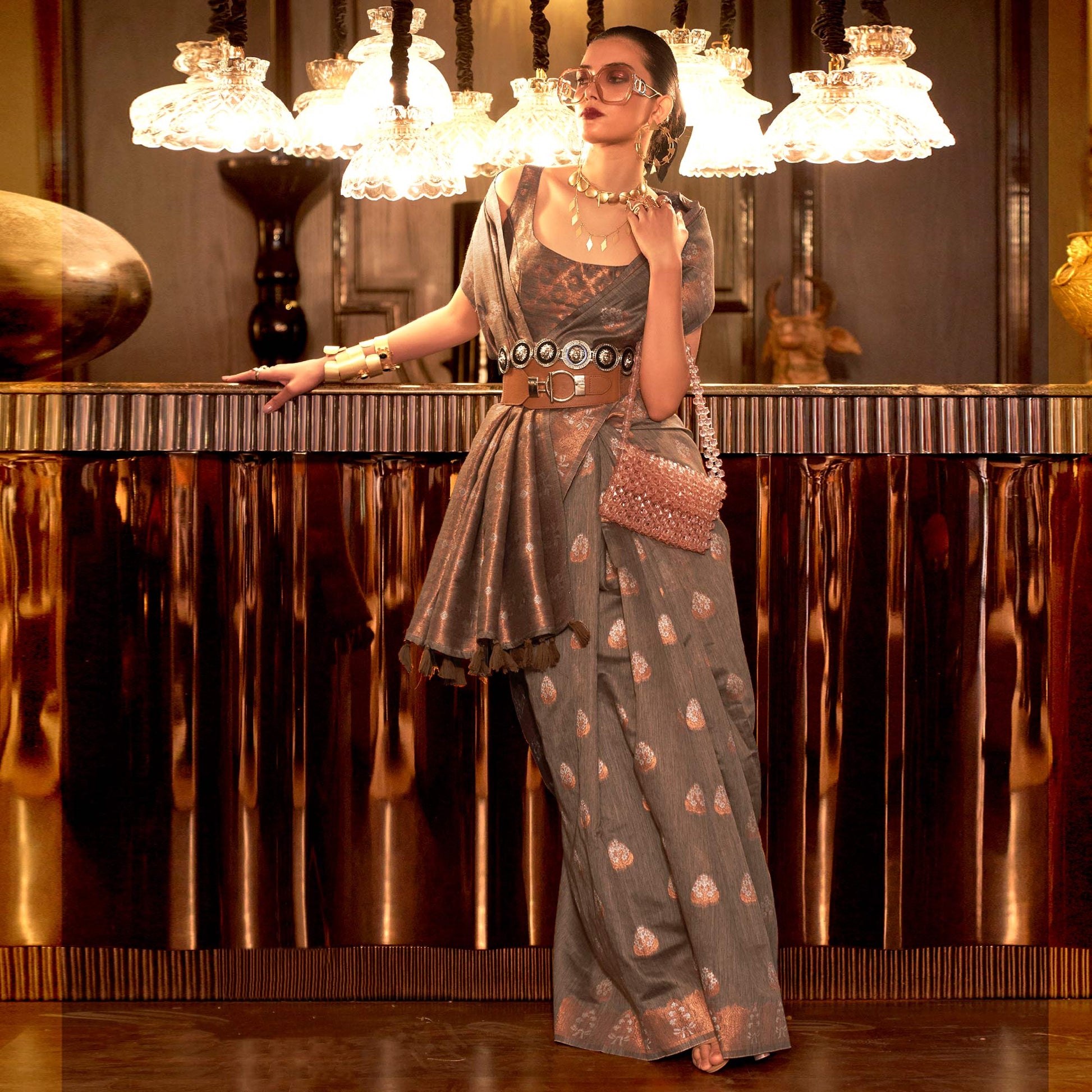 Brown Woven Linen Saree With Tassels